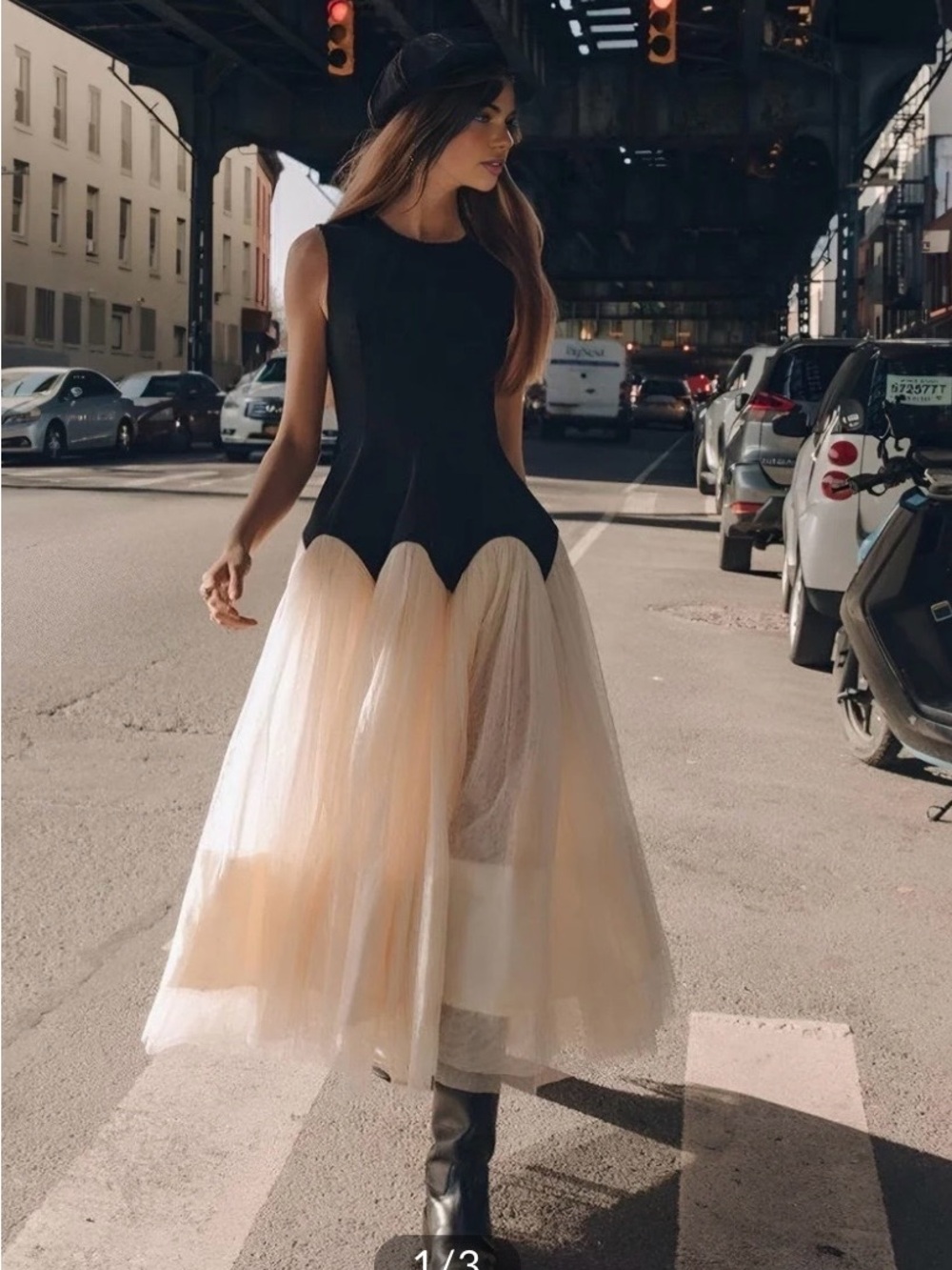 Commense Black Bodice with Cream Tulle Midi Dress
